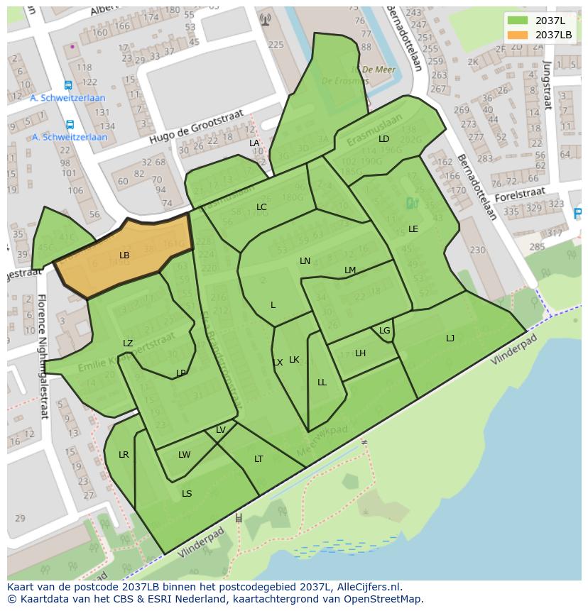 Afbeelding van het postcodegebied 2037 LB op de kaart.