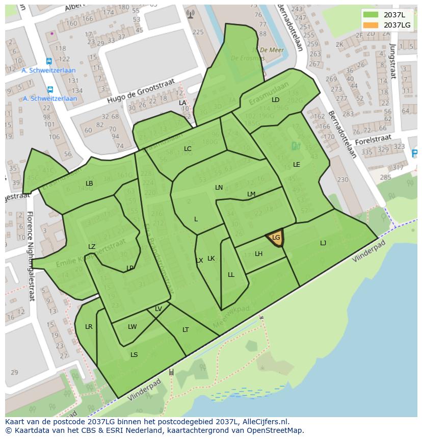 Afbeelding van het postcodegebied 2037 LG op de kaart.