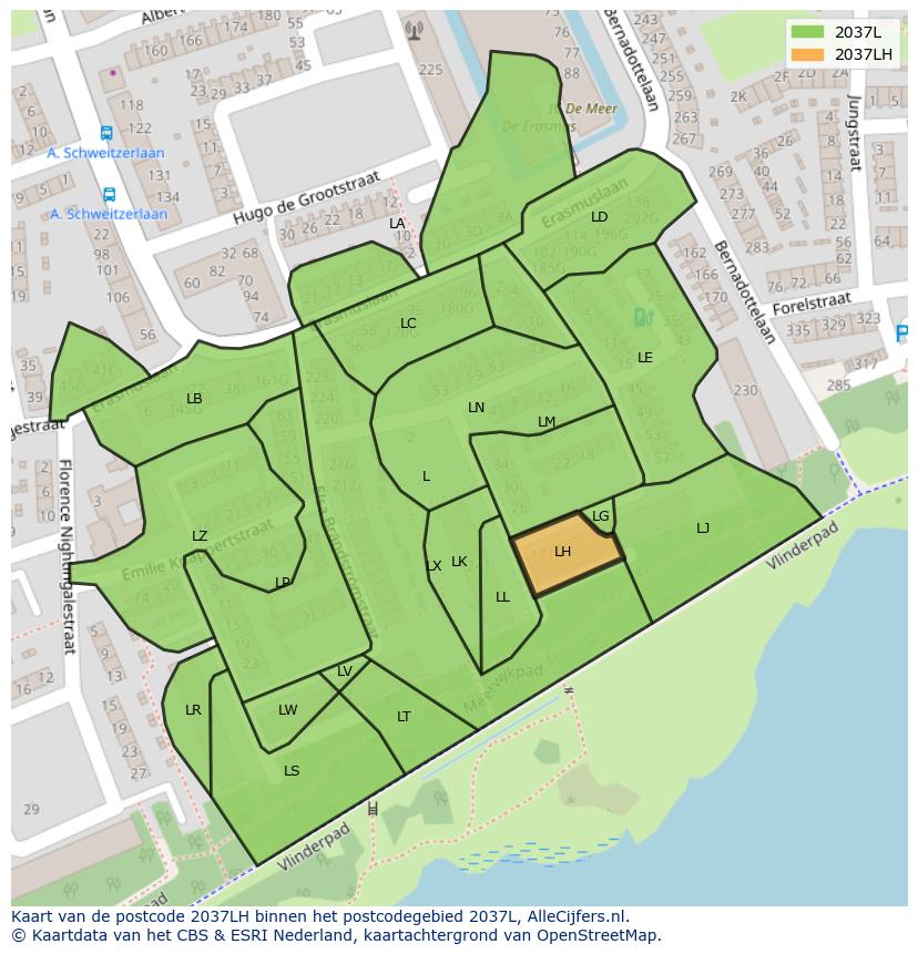 Afbeelding van het postcodegebied 2037 LH op de kaart.