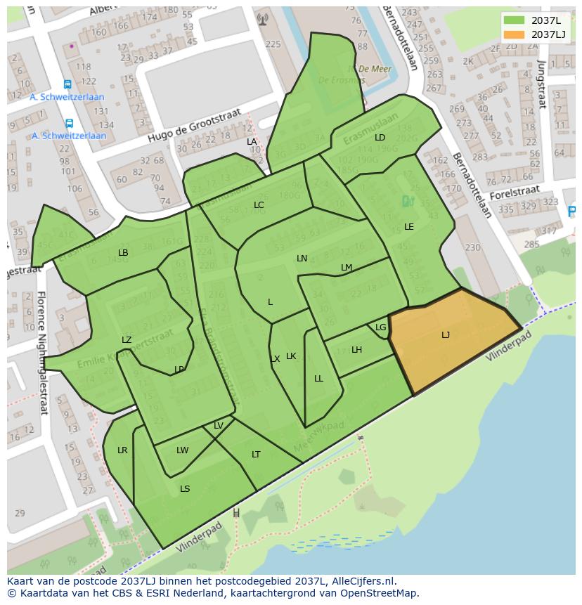 Afbeelding van het postcodegebied 2037 LJ op de kaart.