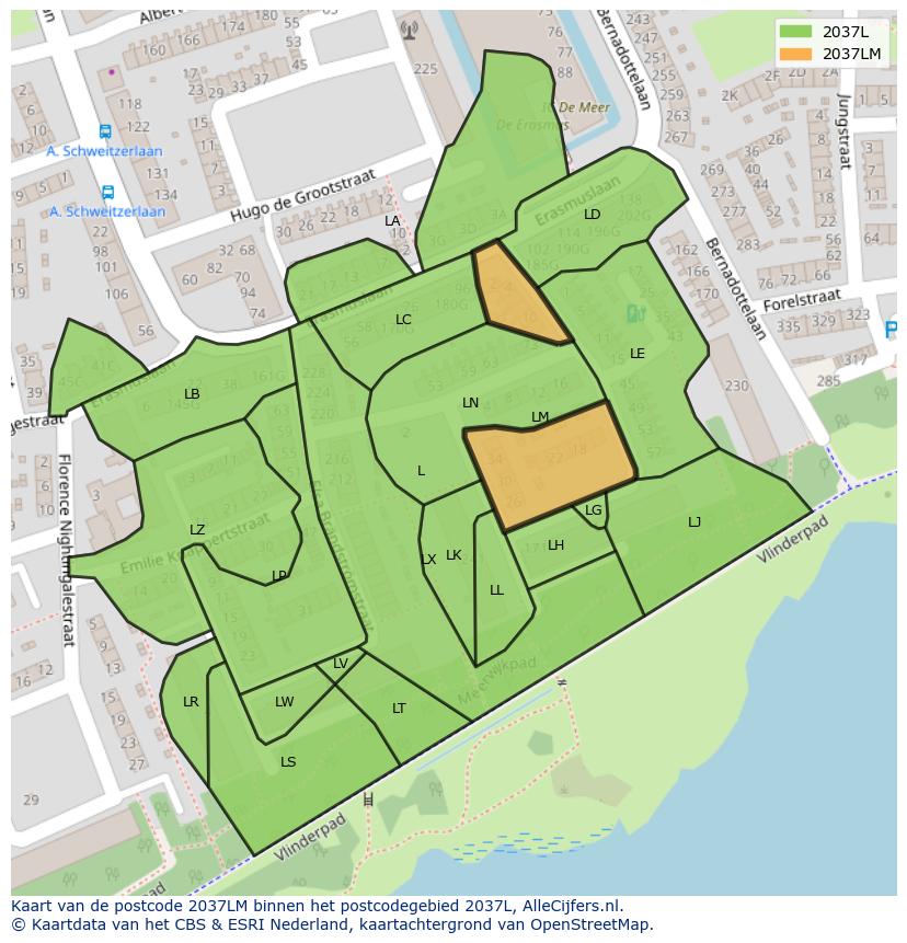 Afbeelding van het postcodegebied 2037 LM op de kaart.
