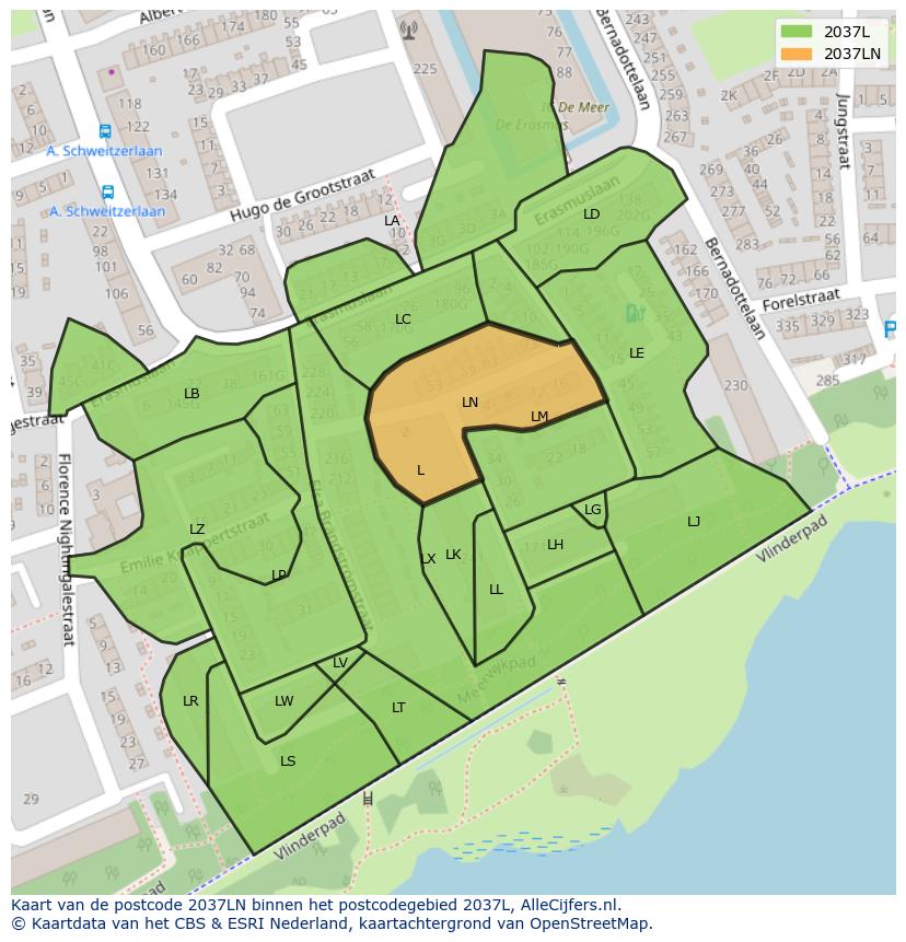 Afbeelding van het postcodegebied 2037 LN op de kaart.