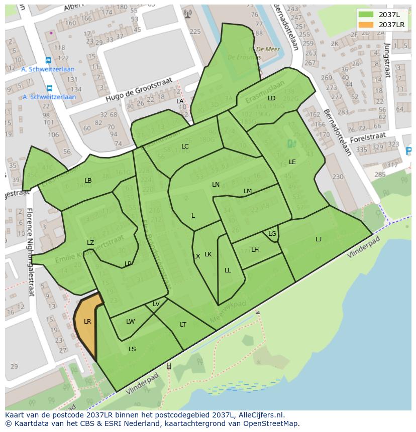 Afbeelding van het postcodegebied 2037 LR op de kaart.