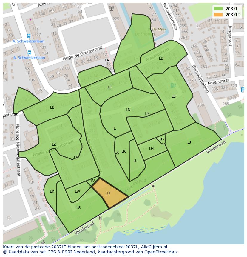 Afbeelding van het postcodegebied 2037 LT op de kaart.