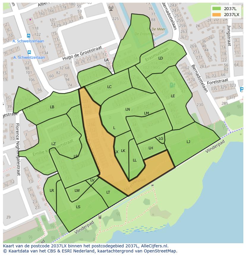 Afbeelding van het postcodegebied 2037 LX op de kaart.