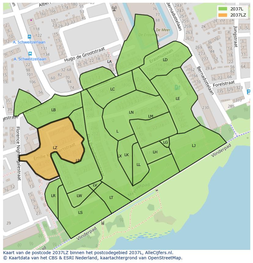 Afbeelding van het postcodegebied 2037 LZ op de kaart.