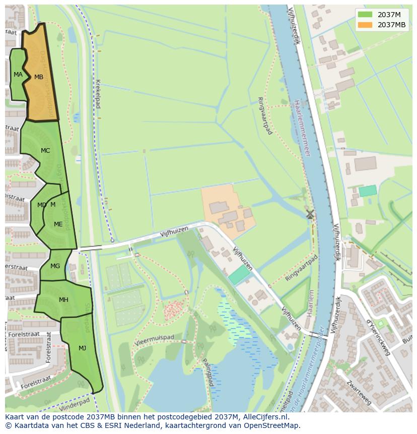 Afbeelding van het postcodegebied 2037 MB op de kaart.