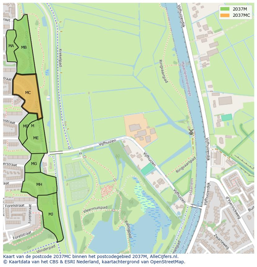 Afbeelding van het postcodegebied 2037 MC op de kaart.