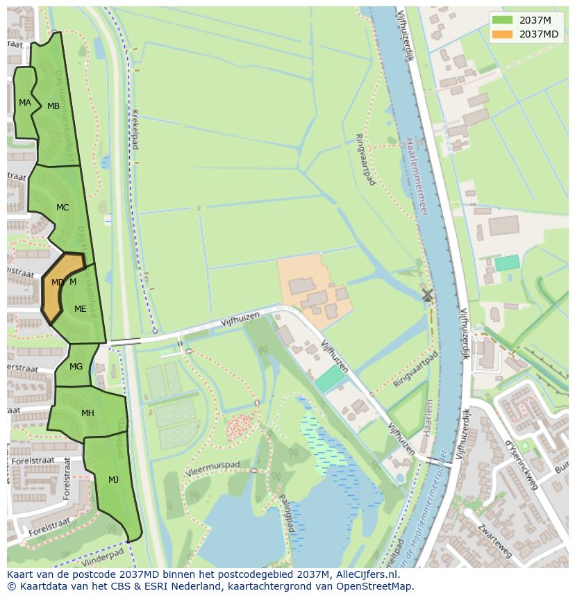 Afbeelding van het postcodegebied 2037 MD op de kaart.
