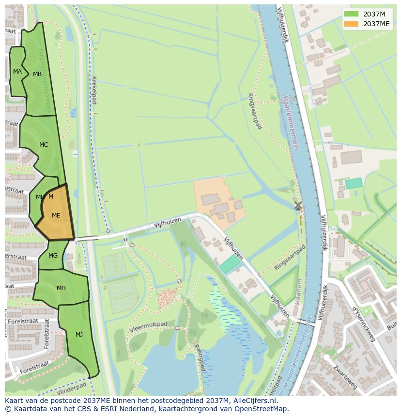 Afbeelding van het postcodegebied 2037 ME op de kaart.