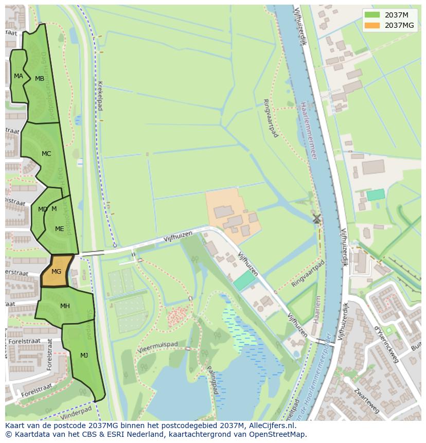 Afbeelding van het postcodegebied 2037 MG op de kaart.