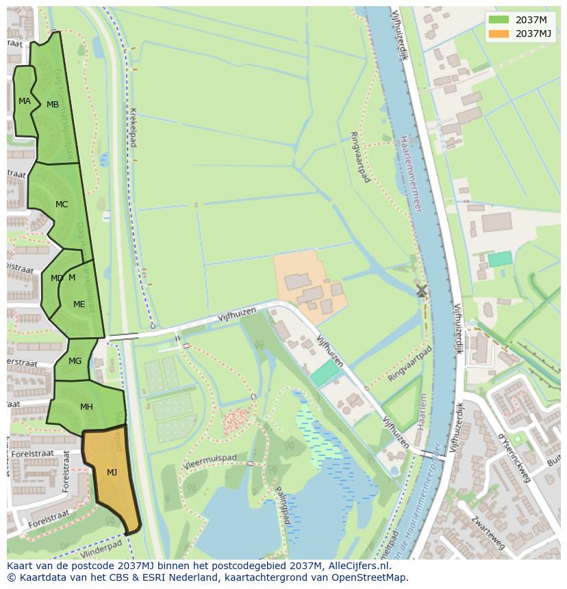 Afbeelding van het postcodegebied 2037 MJ op de kaart.