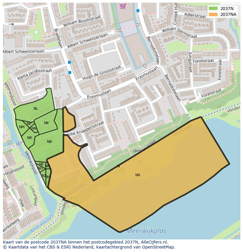 Afbeelding van het postcodegebied 2037 NA op de kaart.