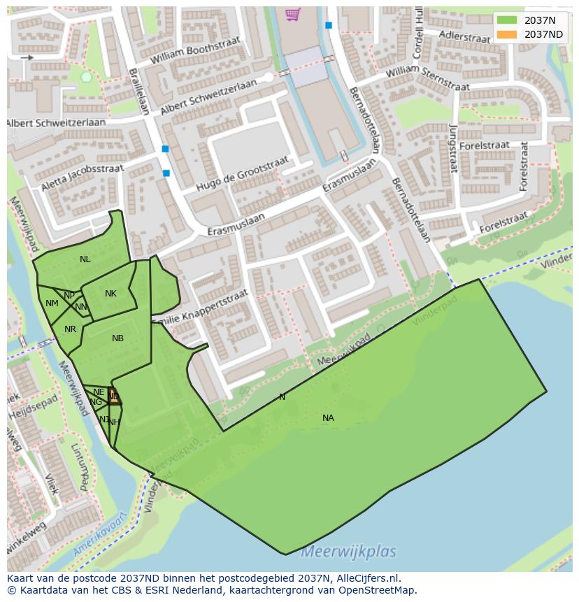 Afbeelding van het postcodegebied 2037 ND op de kaart.