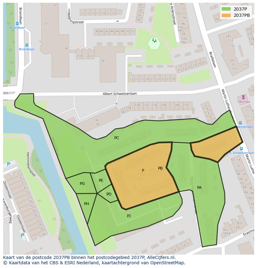 Afbeelding van het postcodegebied 2037 PB op de kaart.