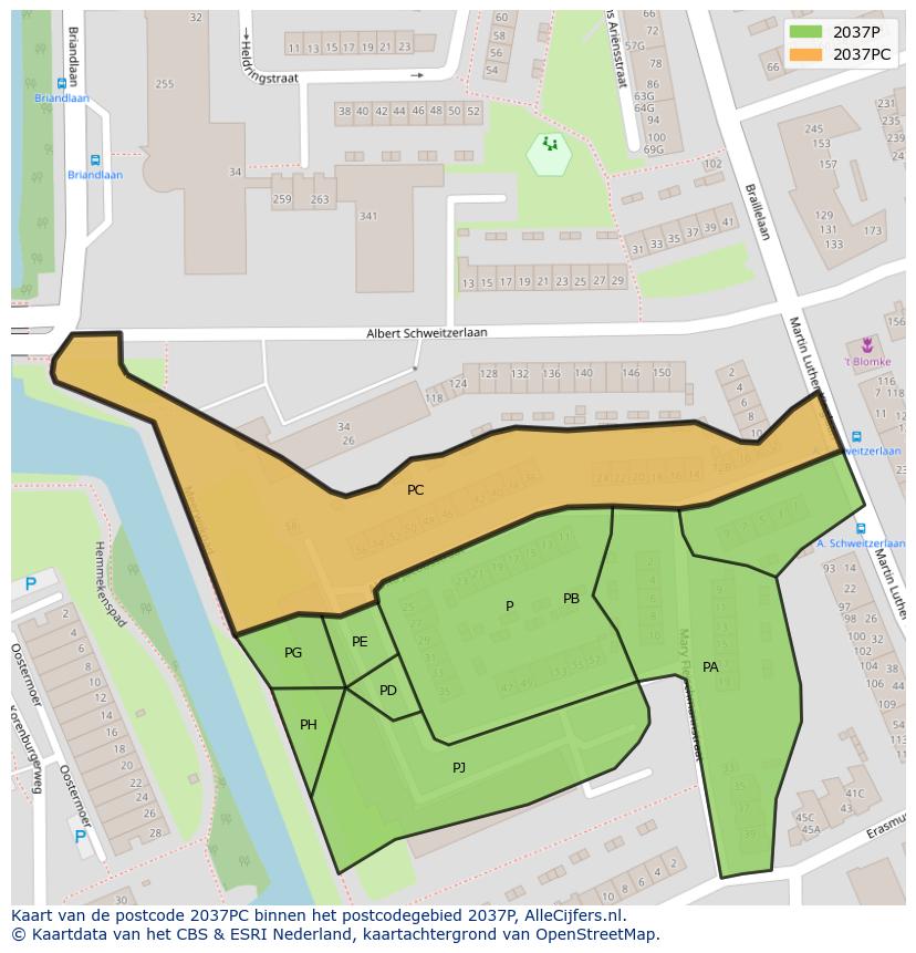 Afbeelding van het postcodegebied 2037 PC op de kaart.