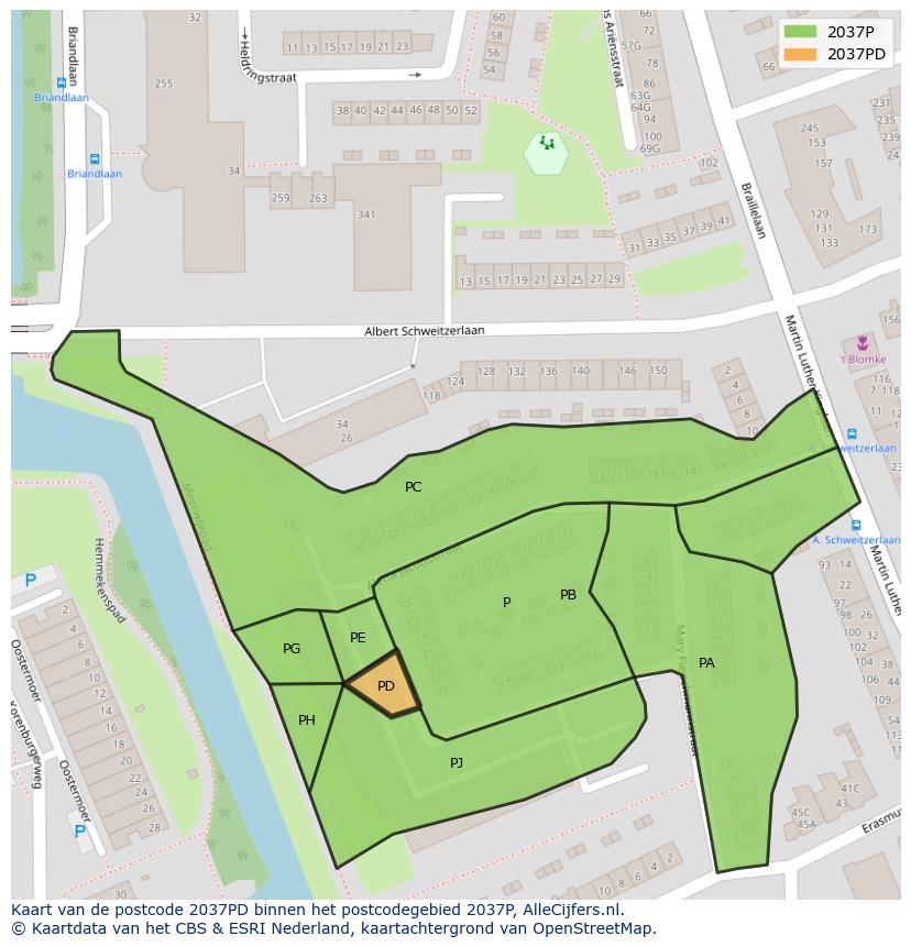 Afbeelding van het postcodegebied 2037 PD op de kaart.