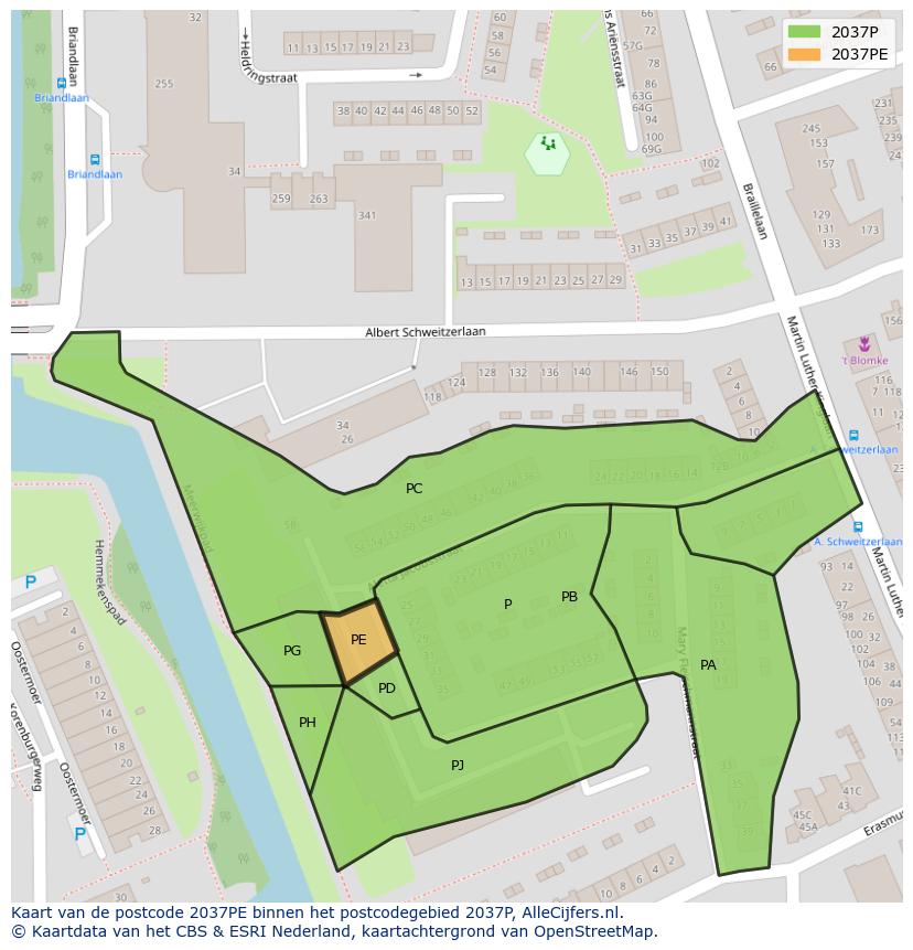 Afbeelding van het postcodegebied 2037 PE op de kaart.