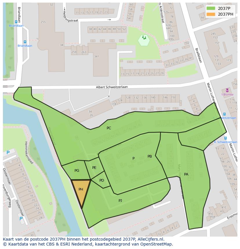 Afbeelding van het postcodegebied 2037 PH op de kaart.