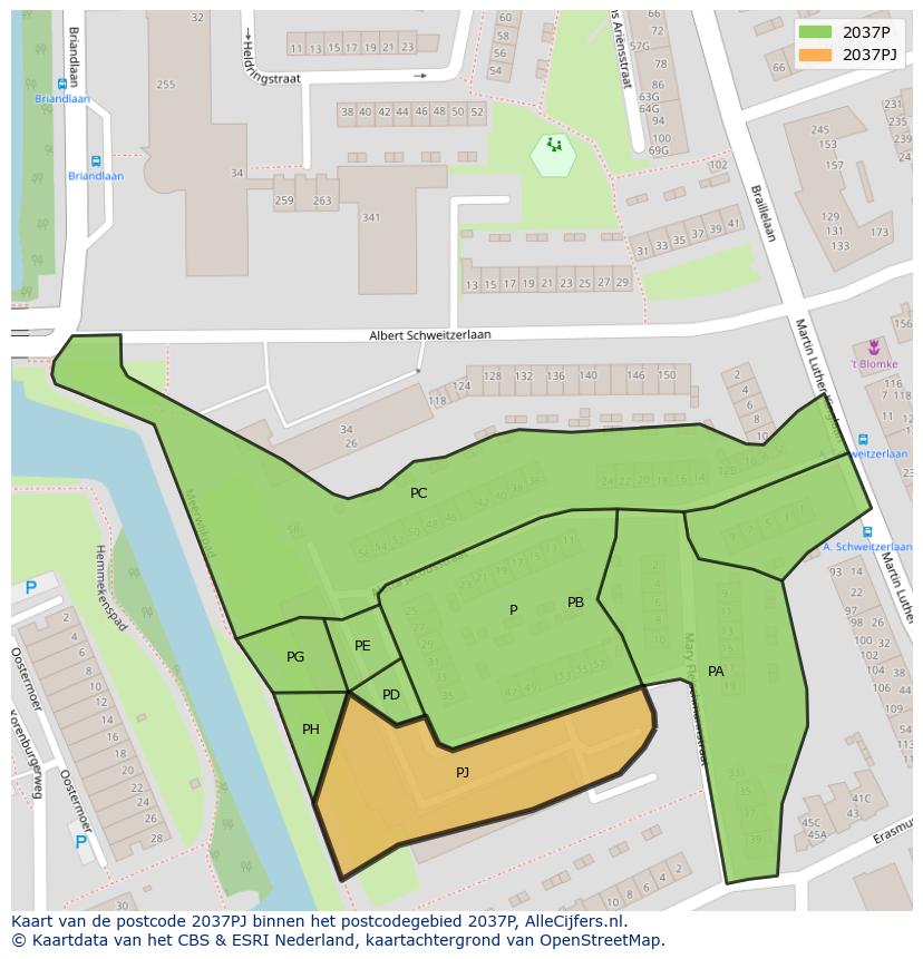 Afbeelding van het postcodegebied 2037 PJ op de kaart.