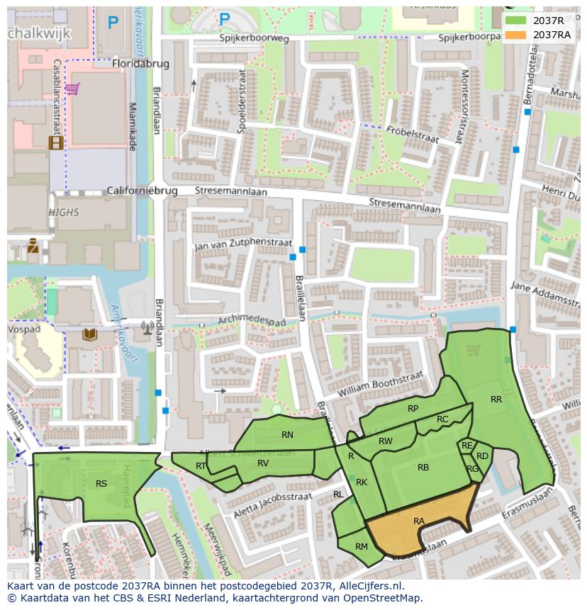 Afbeelding van het postcodegebied 2037 RA op de kaart.