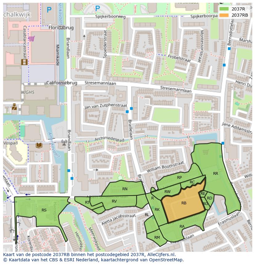 Afbeelding van het postcodegebied 2037 RB op de kaart.