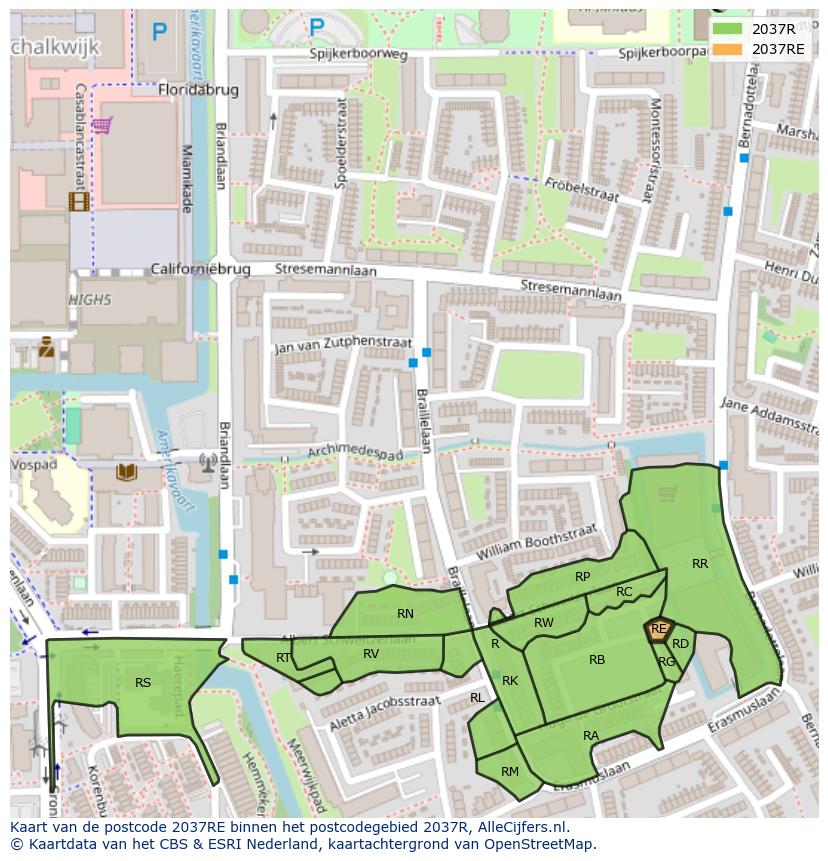 Afbeelding van het postcodegebied 2037 RE op de kaart.