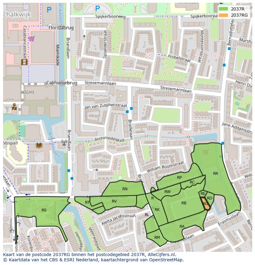 Afbeelding van het postcodegebied 2037 RG op de kaart.