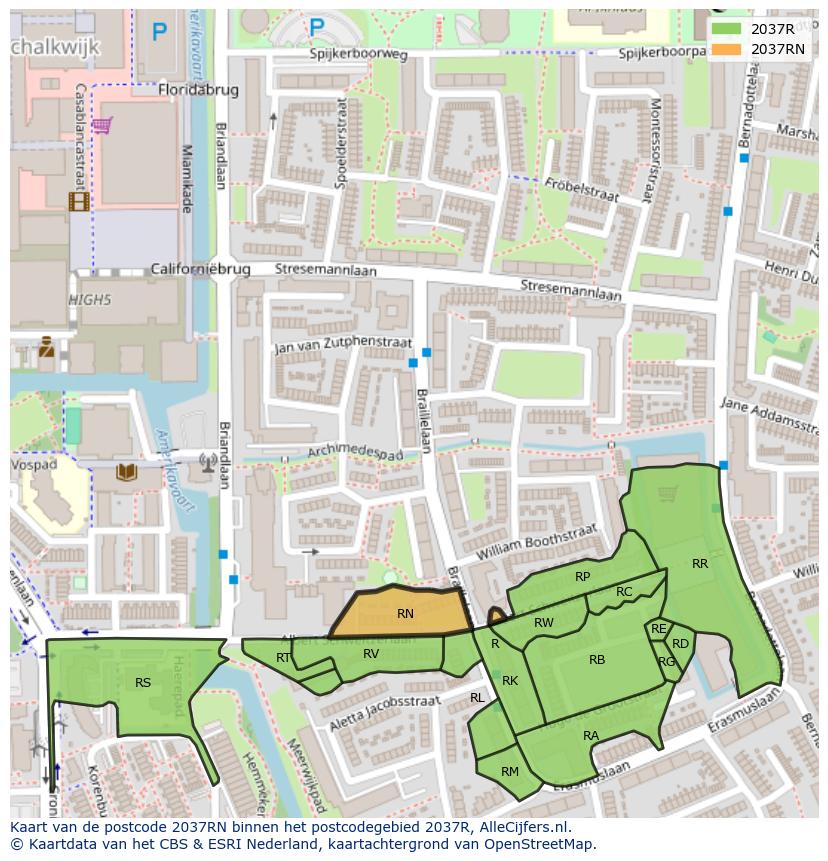Afbeelding van het postcodegebied 2037 RN op de kaart.