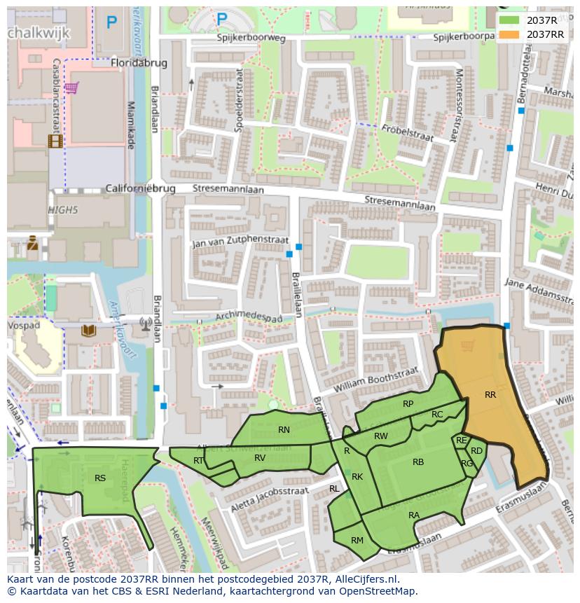 Afbeelding van het postcodegebied 2037 RR op de kaart.