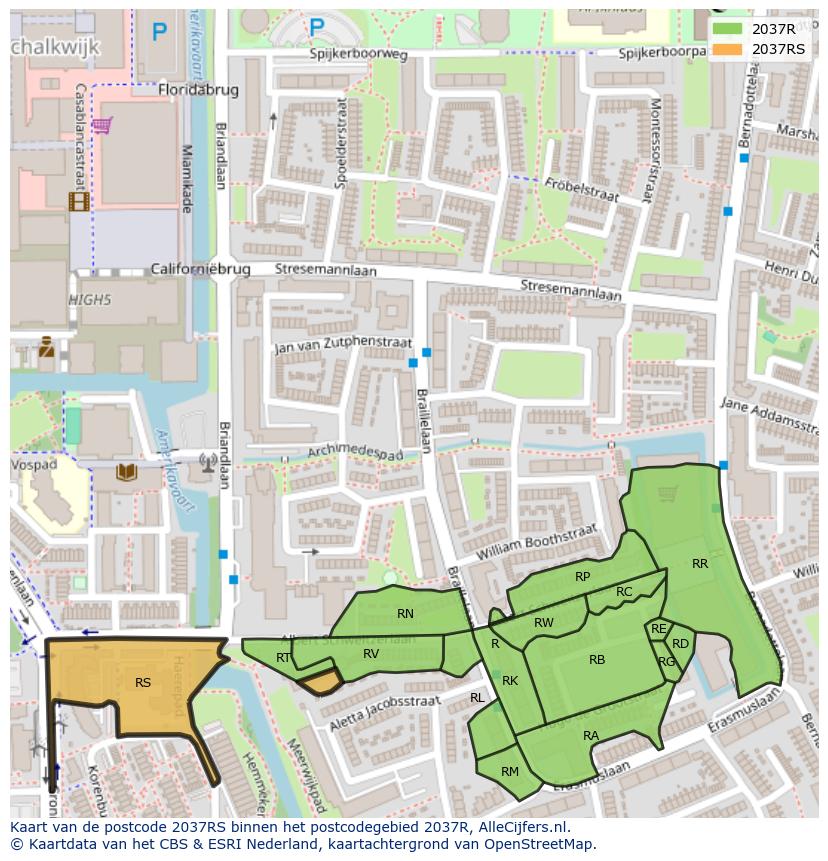 Afbeelding van het postcodegebied 2037 RS op de kaart.