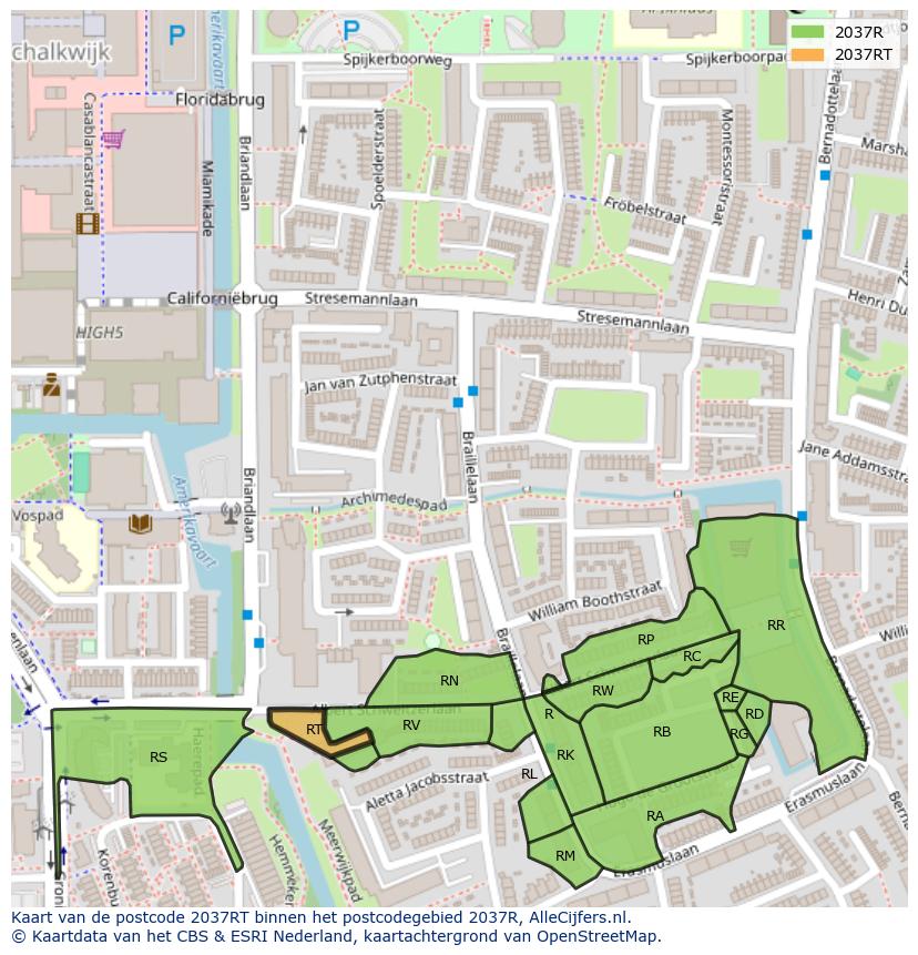 Afbeelding van het postcodegebied 2037 RT op de kaart.