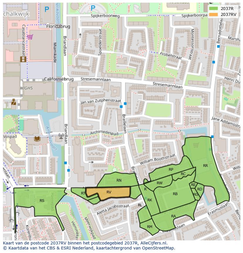Afbeelding van het postcodegebied 2037 RV op de kaart.