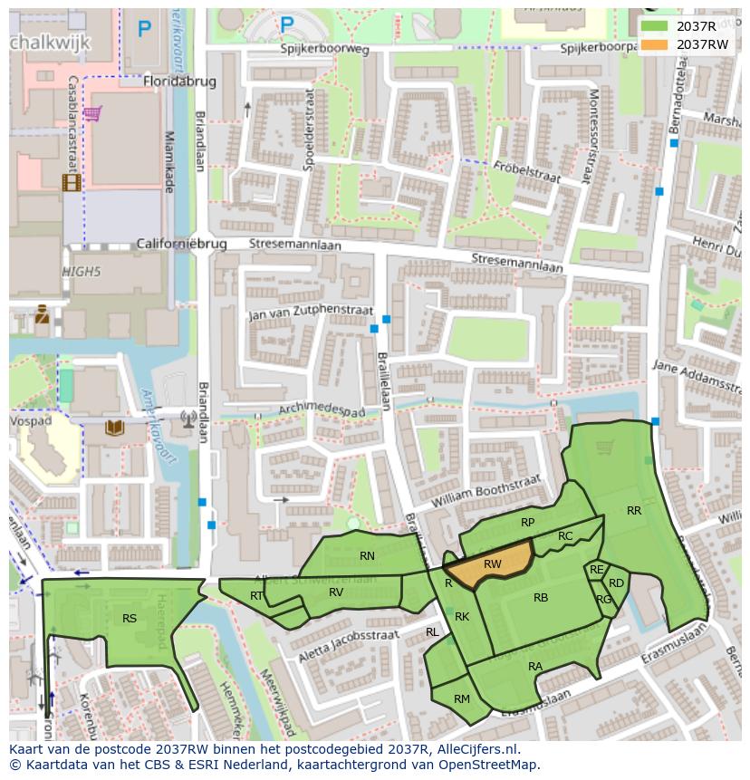 Afbeelding van het postcodegebied 2037 RW op de kaart.