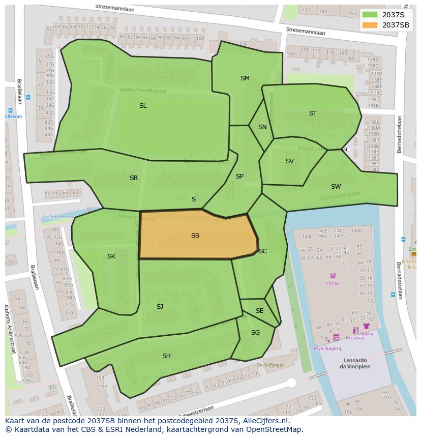 Afbeelding van het postcodegebied 2037 SB op de kaart.