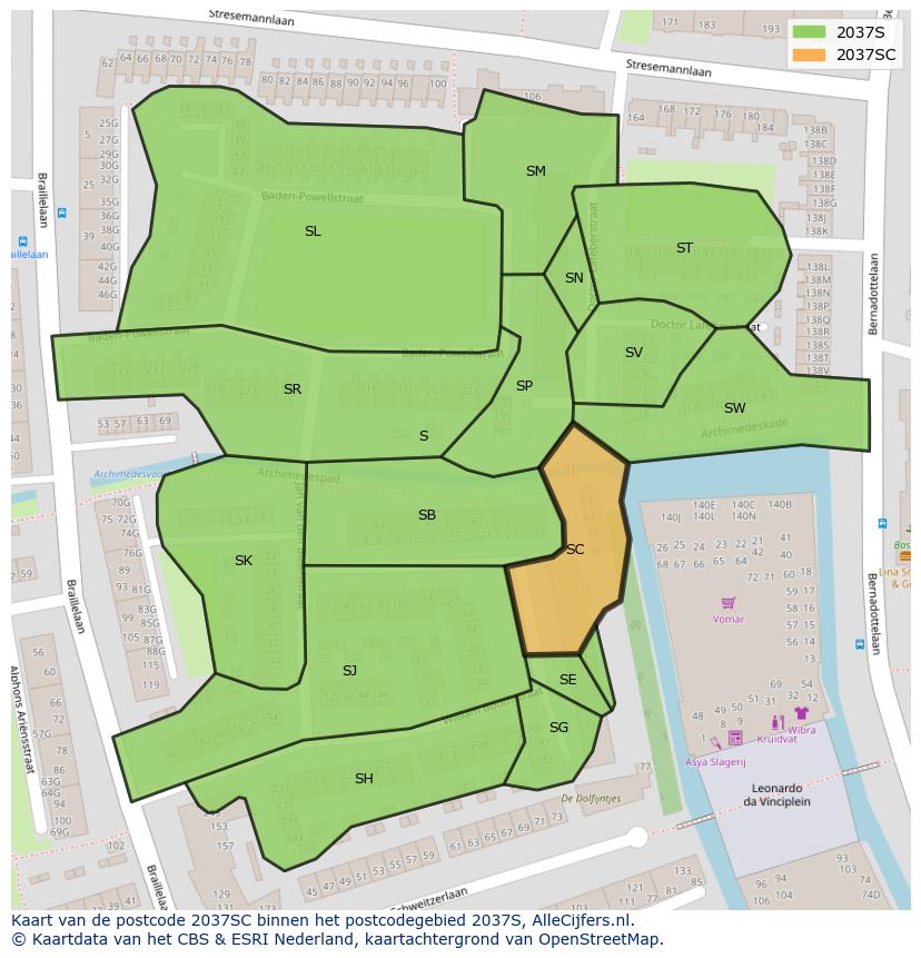 Afbeelding van het postcodegebied 2037 SC op de kaart.