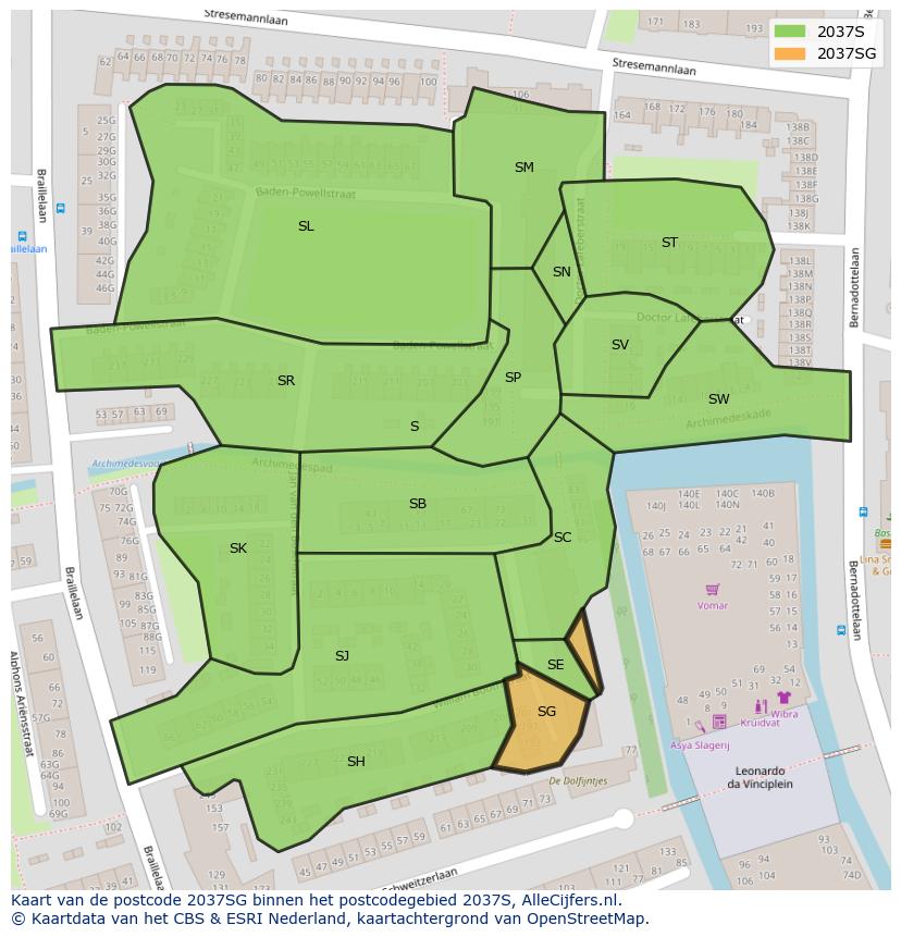 Afbeelding van het postcodegebied 2037 SG op de kaart.