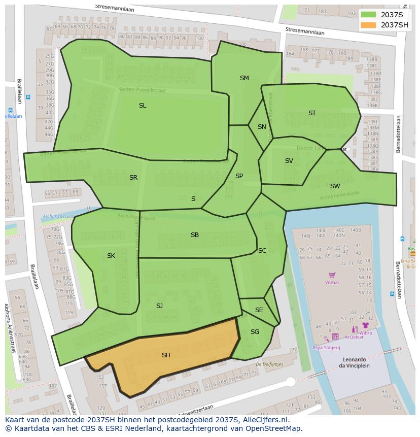 Afbeelding van het postcodegebied 2037 SH op de kaart.