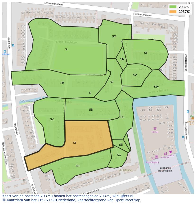 Afbeelding van het postcodegebied 2037 SJ op de kaart.