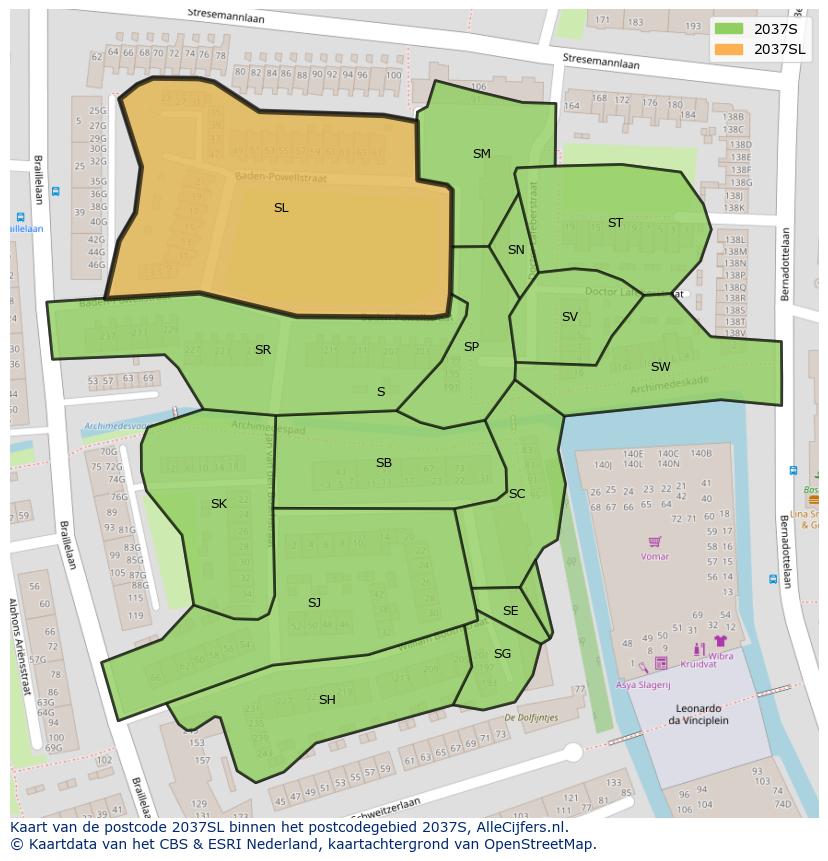 Afbeelding van het postcodegebied 2037 SL op de kaart.