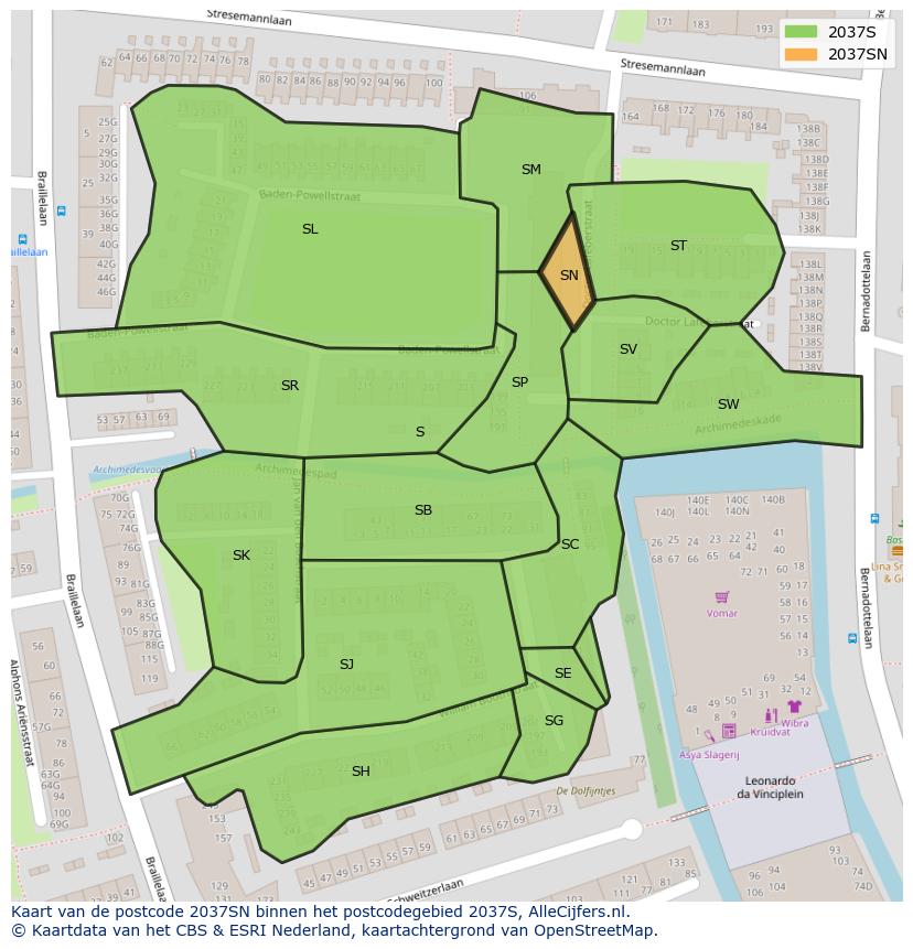 Afbeelding van het postcodegebied 2037 SN op de kaart.