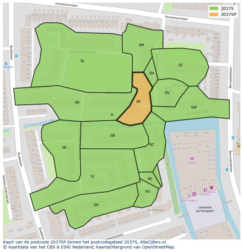 Afbeelding van het postcodegebied 2037 SP op de kaart.