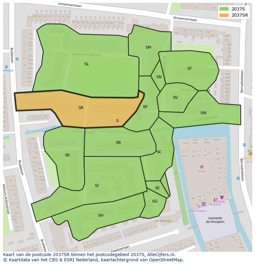Afbeelding van het postcodegebied 2037 SR op de kaart.