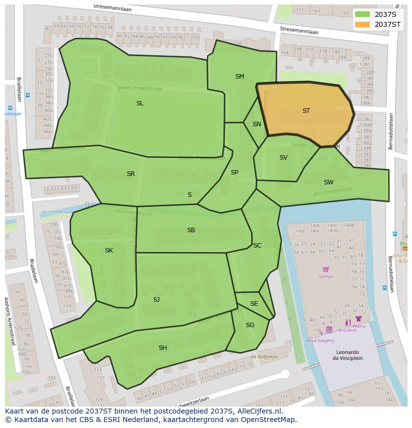 Afbeelding van het postcodegebied 2037 ST op de kaart.