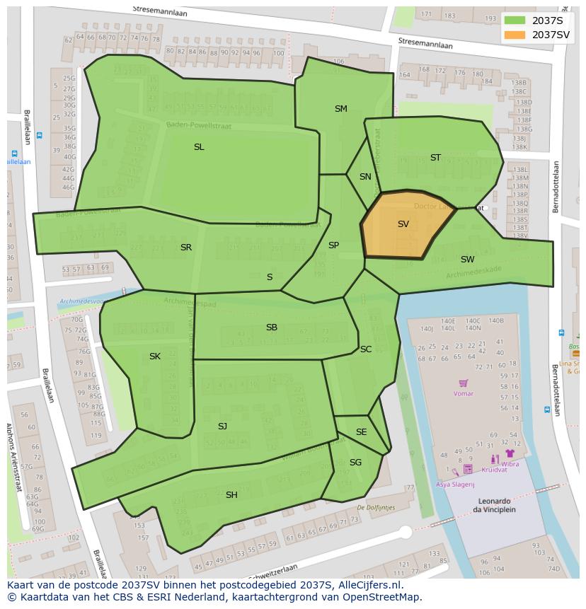 Afbeelding van het postcodegebied 2037 SV op de kaart.