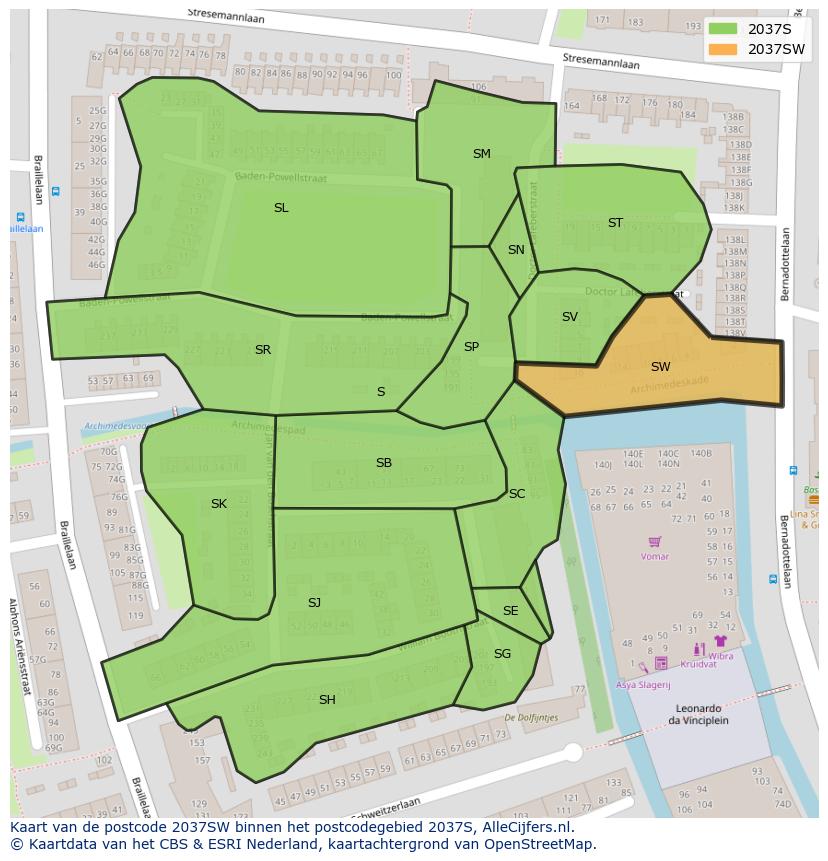 Afbeelding van het postcodegebied 2037 SW op de kaart.
