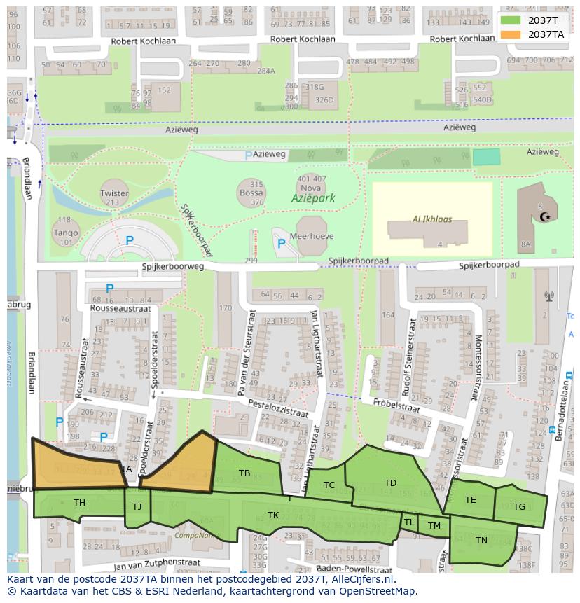 Afbeelding van het postcodegebied 2037 TA op de kaart.