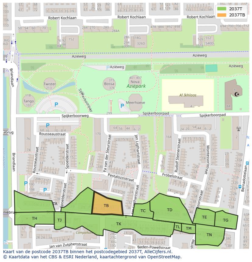 Afbeelding van het postcodegebied 2037 TB op de kaart.