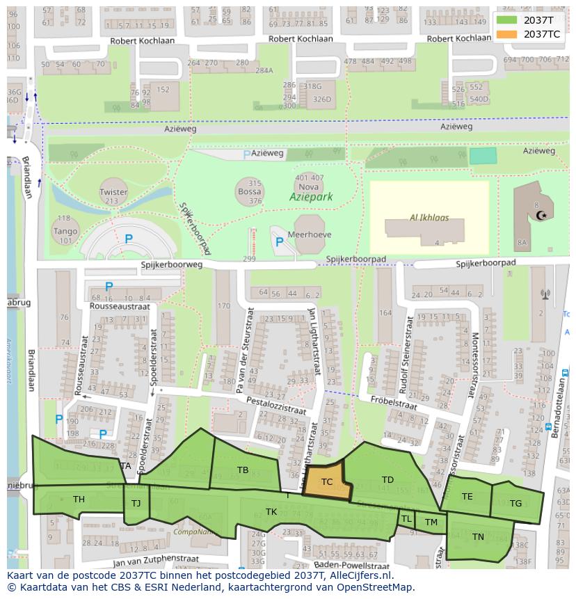 Afbeelding van het postcodegebied 2037 TC op de kaart.