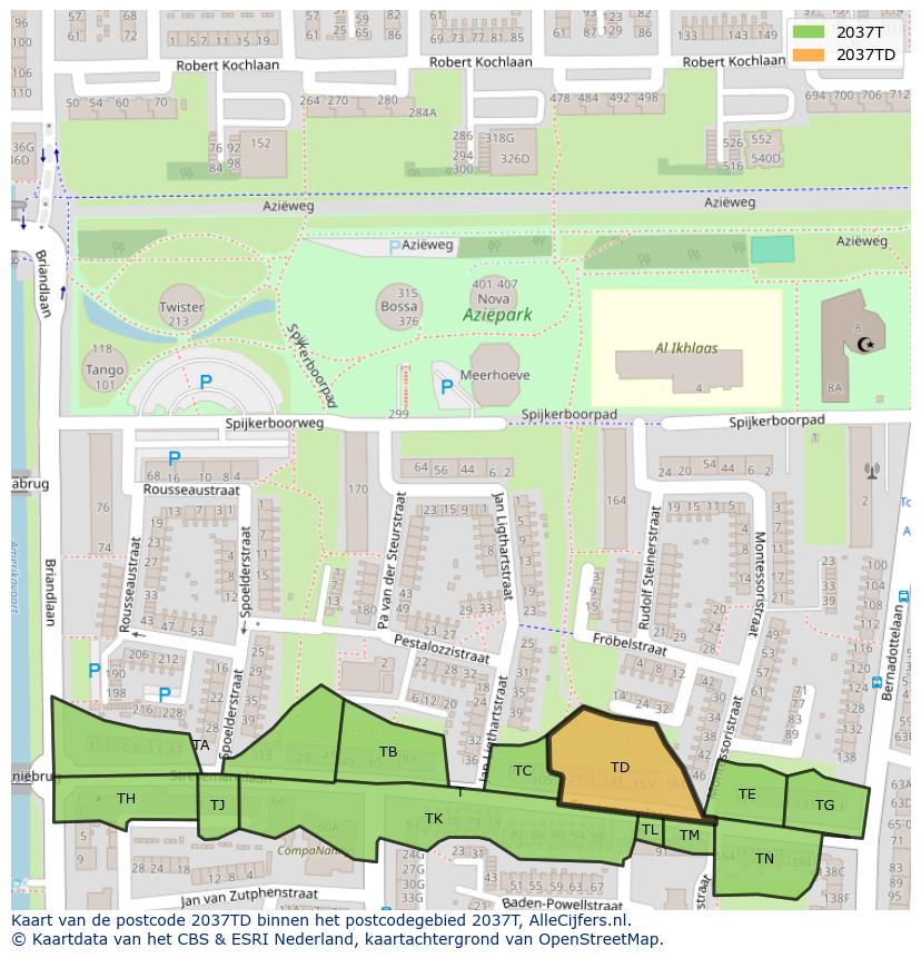 Afbeelding van het postcodegebied 2037 TD op de kaart.